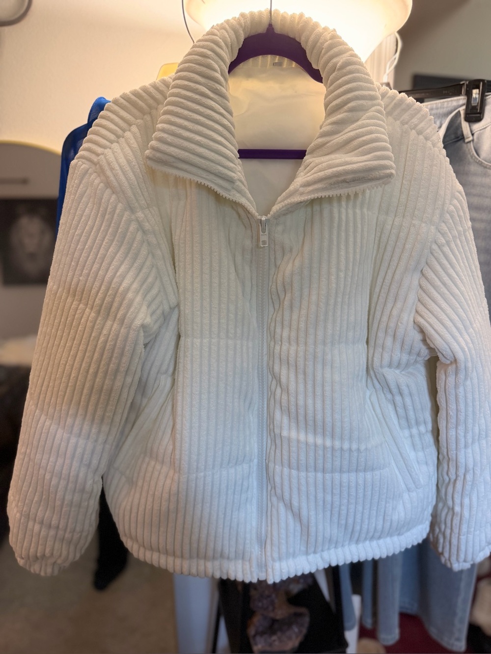 Womens Cream Puffer Jacket with Ribbed Texture